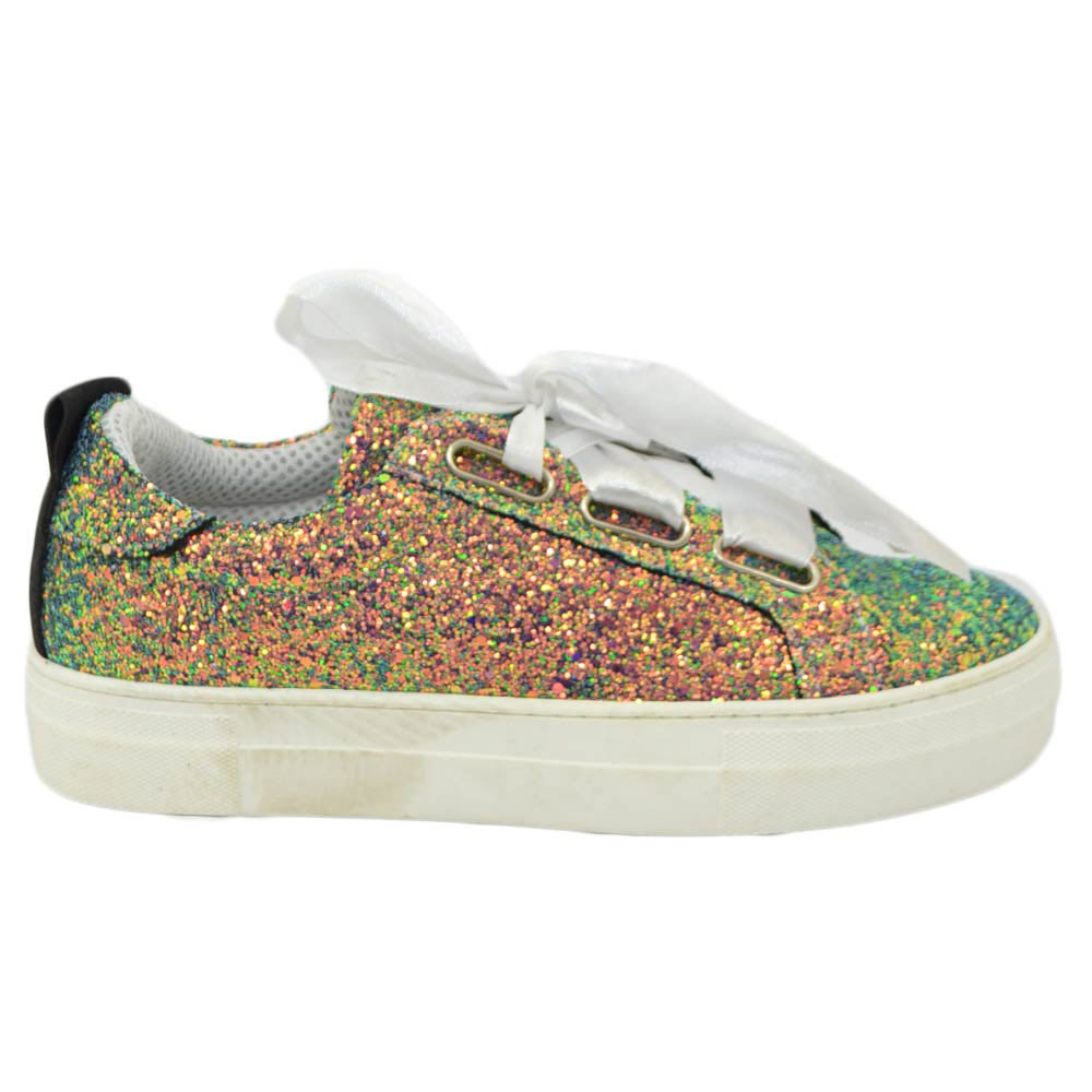 Sneaker donna glitterata effetto sirena vera pelle chiusura nastri made in italy risvoltabili fondo bianco alto glamour