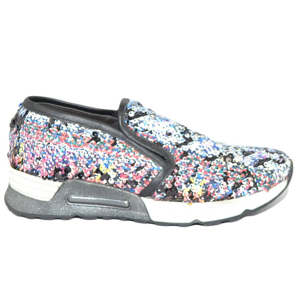 Sneaker slip on mocassino donna pailettes multicolor in vera pelle made in italy risvoltabili fondo running glamour