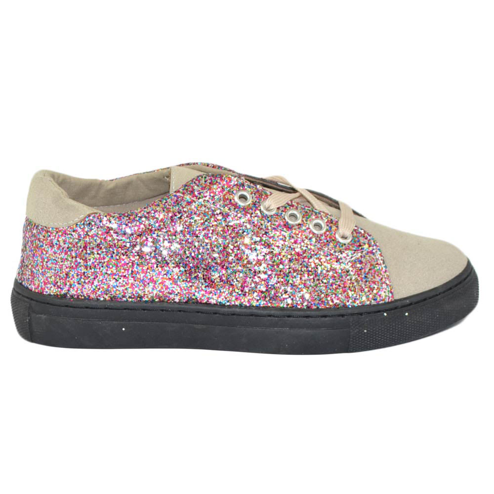 Sneakers casual bassa donna beige con laterali glitter rosa fondo basso leggere comode moda punta tonda