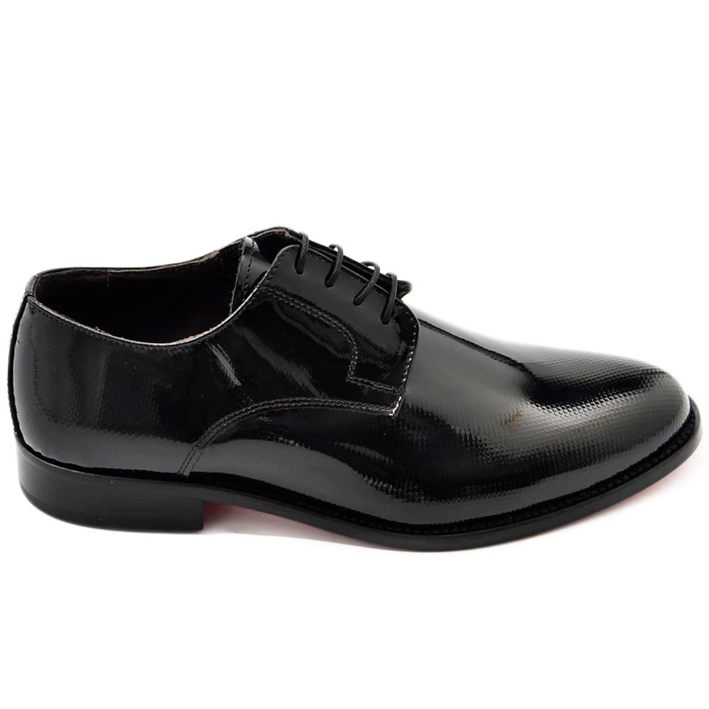 Scarpe uomo stringate classiche vernice nero puntinato made in italy fondo vero cuoio antiscivolo business eleganti.