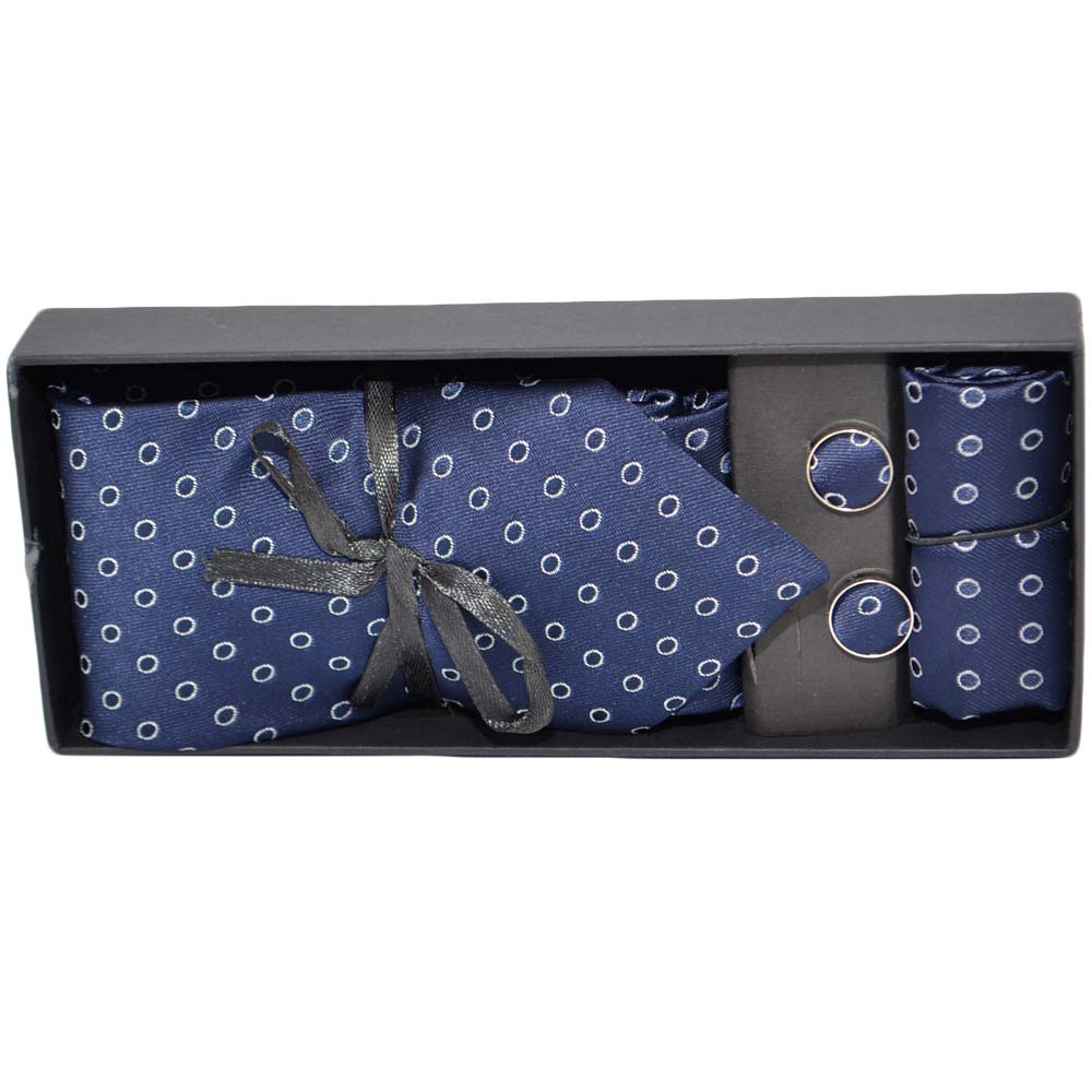 Set cravatta pochette e gemelli in cotone blu a pois bianchi confezione regalo per professionisti e collezionisti.