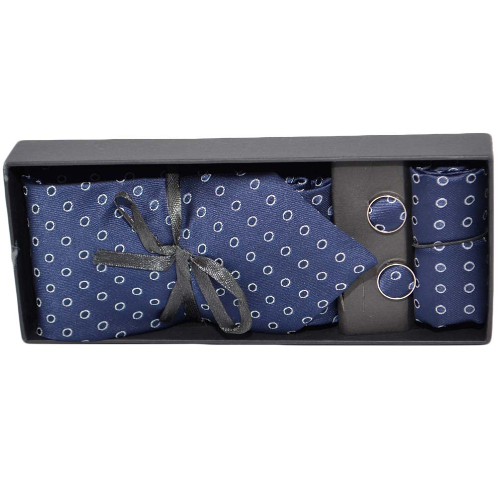 Set cravatta pochette e gemelli in cotone blu a pois bianchi confezione regalo per professionisti e collezionisti