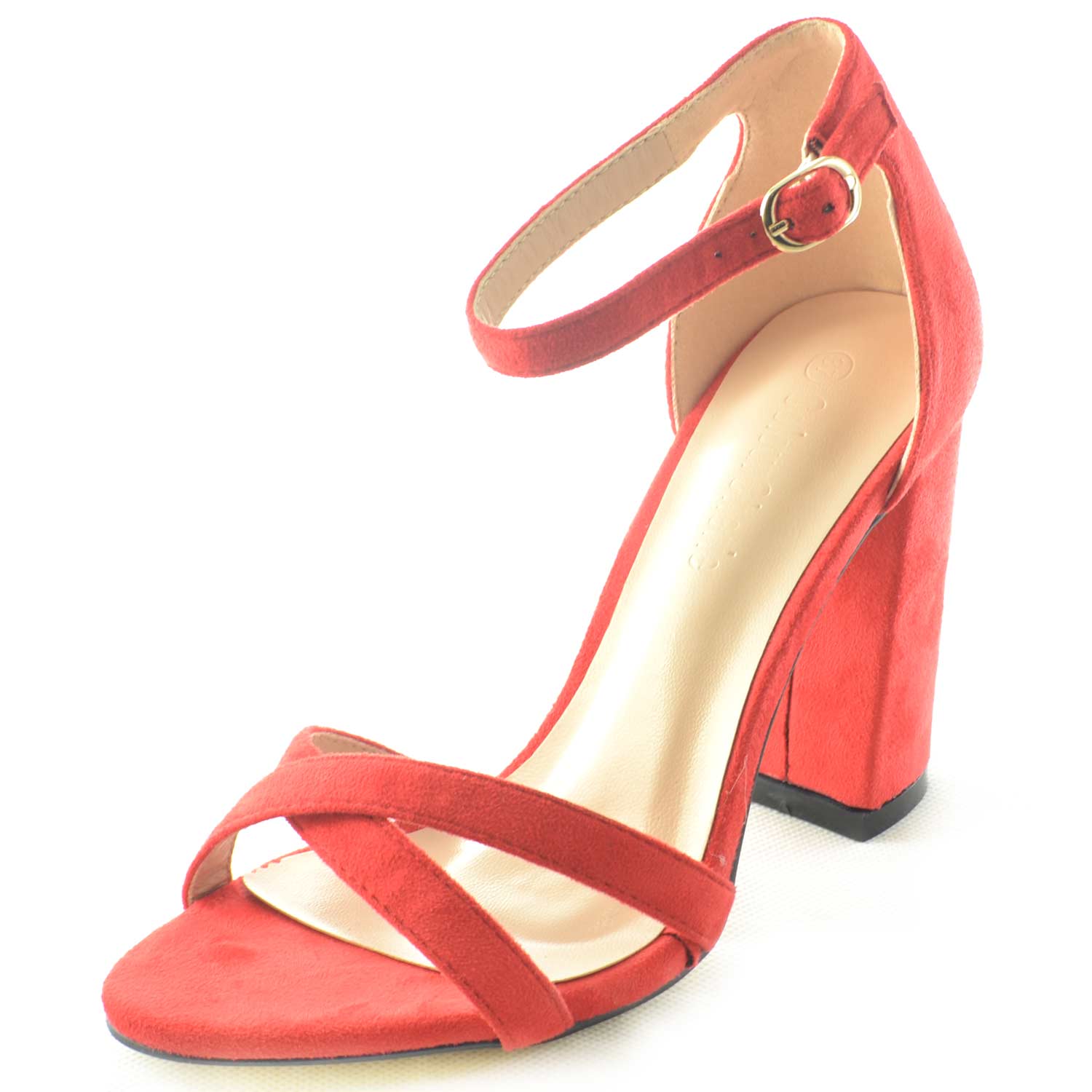 Sandalo donna in camoscio rosso corallo con tacco largo e fasciatura a  incrocio con cinturino alla caviglia donna sandali tacco Malu Shoes |  MaluShoes