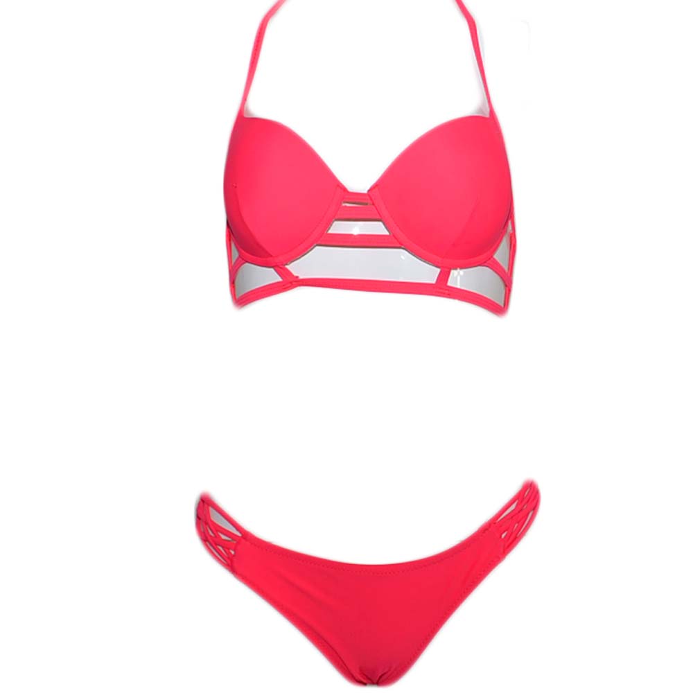 Costume da bagno donna bikini corallo swimwear con slip coordinato e top bralette lungo effetto corsetto push up.