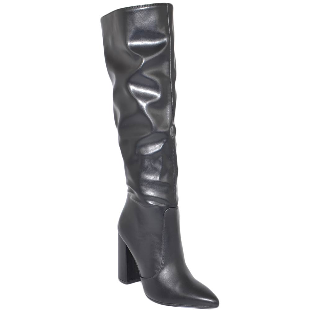 Stivale donna alto rigido in pelle nero con tacco largo stampa liscio linea  basic a punta moda altezza ginocchio donna stivali Malu Shoes