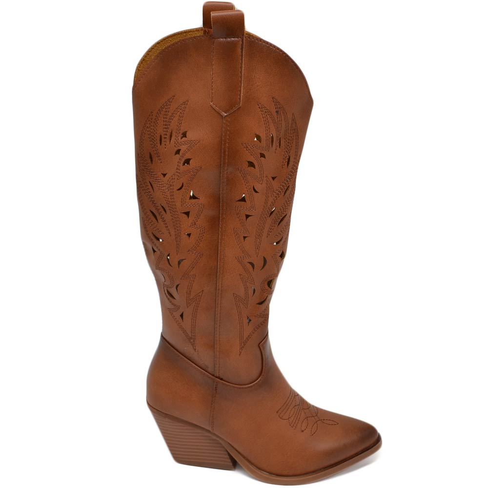 Stivali donna camperos texani pelle cuoio sfumato forato tacco western comodo gomma altezza ginocchio estivo.