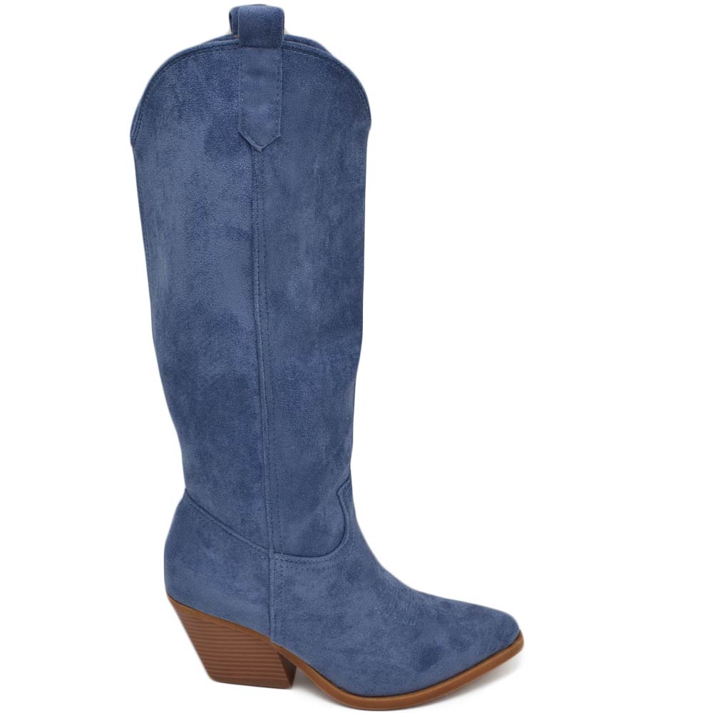 Stivali donna camperos texani blu jeans liscio scamosciato zip tacco western comodo in legno altezza ginocchio moda.