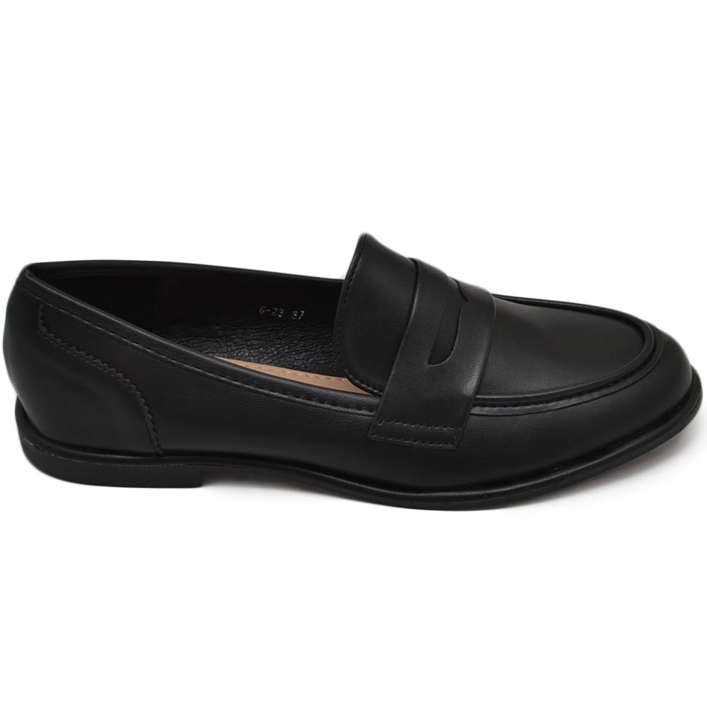 Mocassino donna collage inglese con bendina in pelle nero opaco suola in gomma antiscivolo