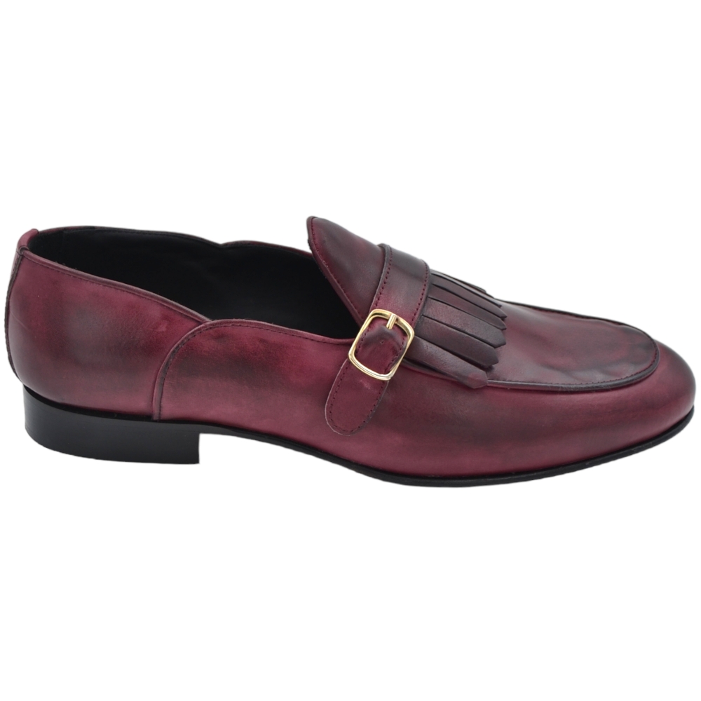 Scarpa mocassino uomo ls doppia fibbia oro vera pelle bottolato bordeaux cucita a mano fondo cuoio antiscivolo centrale.