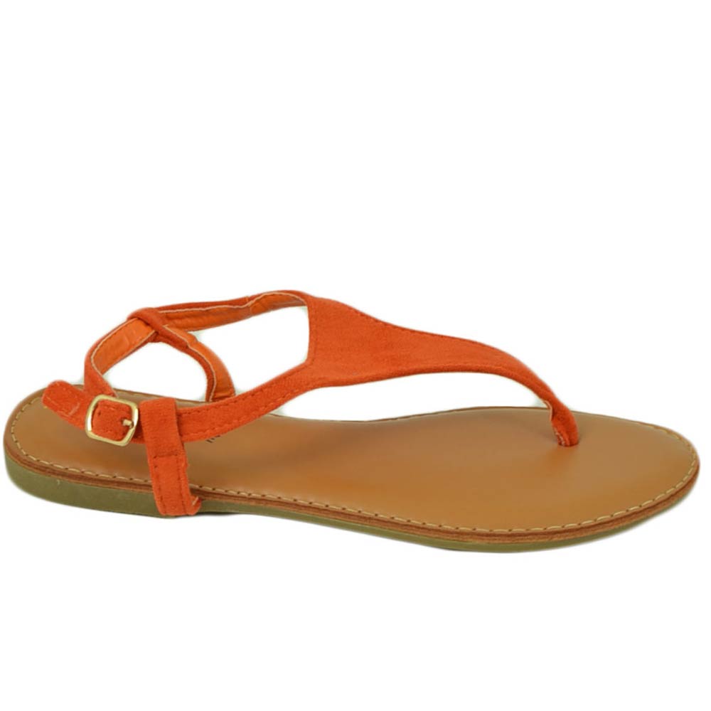 Sandalo basso arancione infradito in morbida alcantara cinturino alla caviglia fondo imbottito in memory comoda estate .