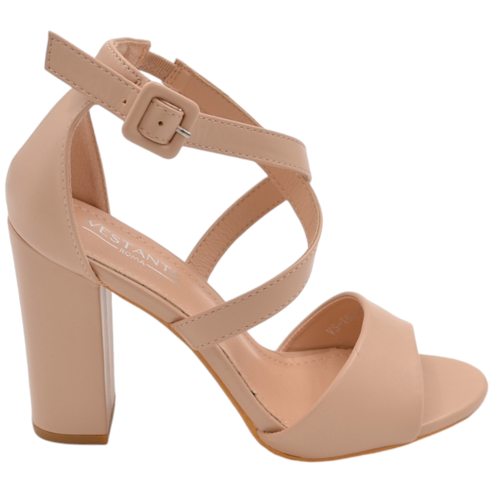 Sandalo donna beige nude opaco con tacco largo 10 cm e fascia comoda incrocio sul dorso e cinturino alla caviglia.