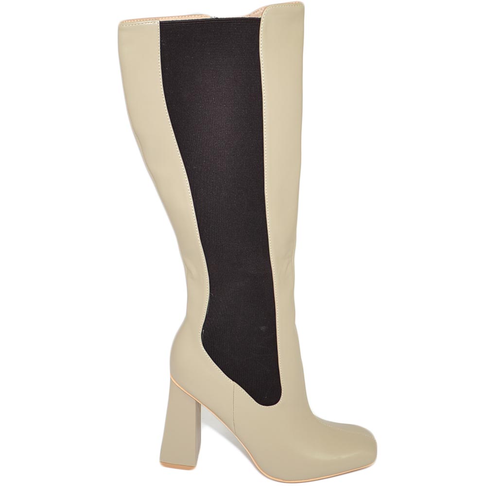 Stivale alto donna punta quadrata khaki liscio gambale aderente con elastico al ginocchio tacco largo 10 cm moda con zip.