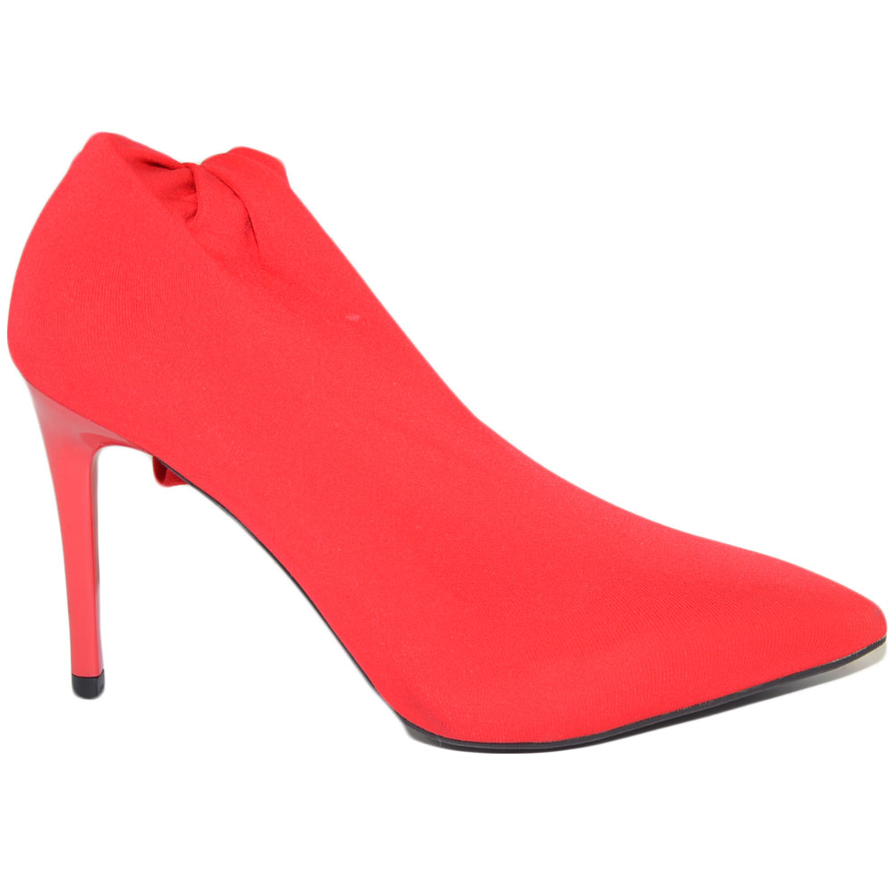 Stivali alti donna in calza elastica rosso effetto autoregge aderente tendenza sopra ginocchio punta con tacco a spillo.