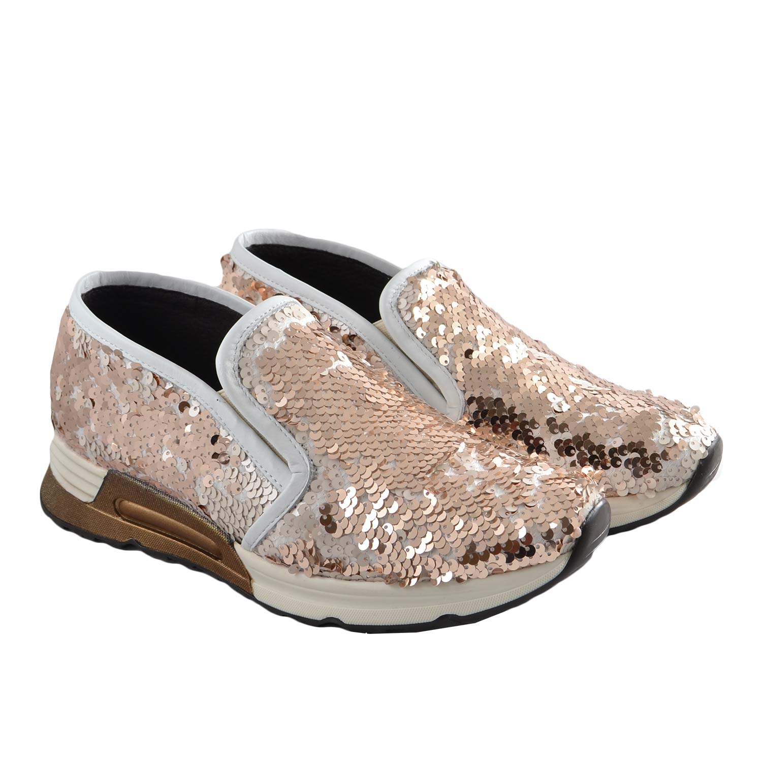 Sneaker slip on mocassino donna pailettes oro bianco in vera pelle made in Italy risvoltabili fondo running glamour.