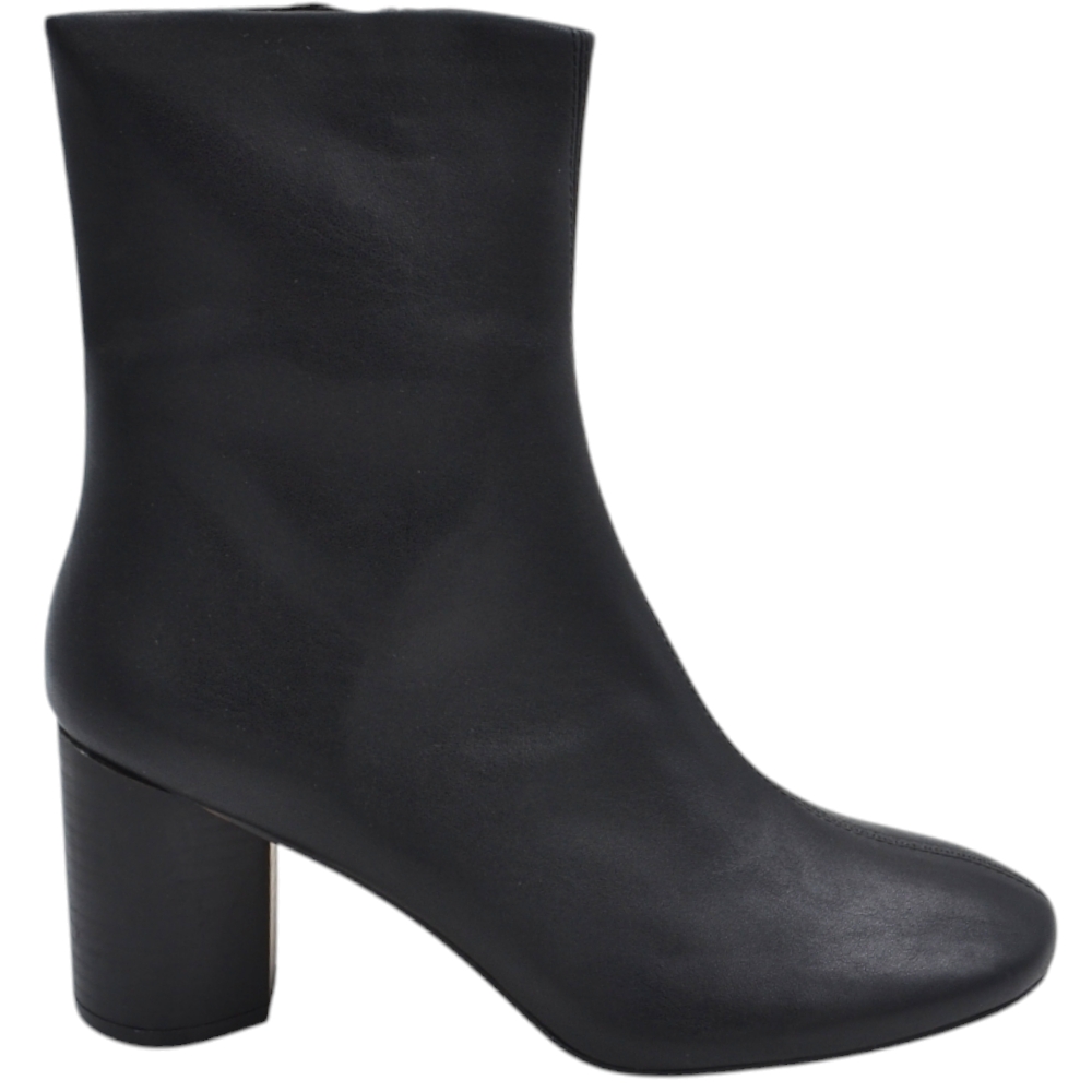 Stivaletto tronchetto donna in pelle nera punta tonda tacco largo 7,5 cm aderente effetto calzino