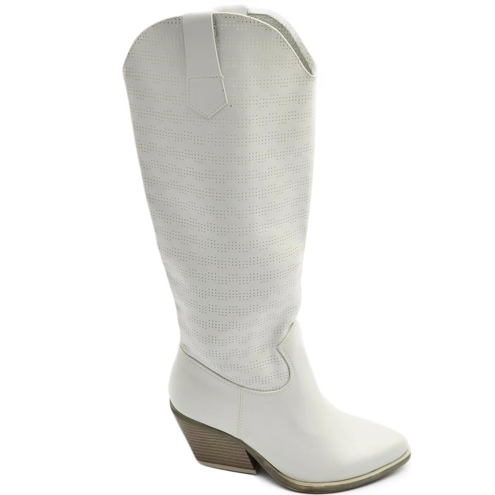 Stivali donna camperos texani microforato bianco pelle tacco western 7 comodo gomma altezza ginocchio estivo.