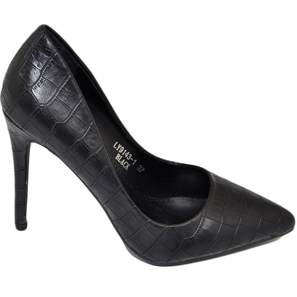 Scarpe donna decollete a punta elegante in pelle cocco nero tacco a spillo 12 cm moda evento.