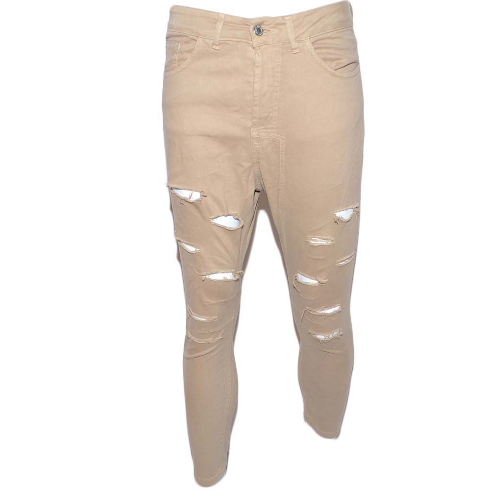 Pantaloni uomo beige camel chino con strappi slim fit in cotone tinta unita linea giovane elasticizzato