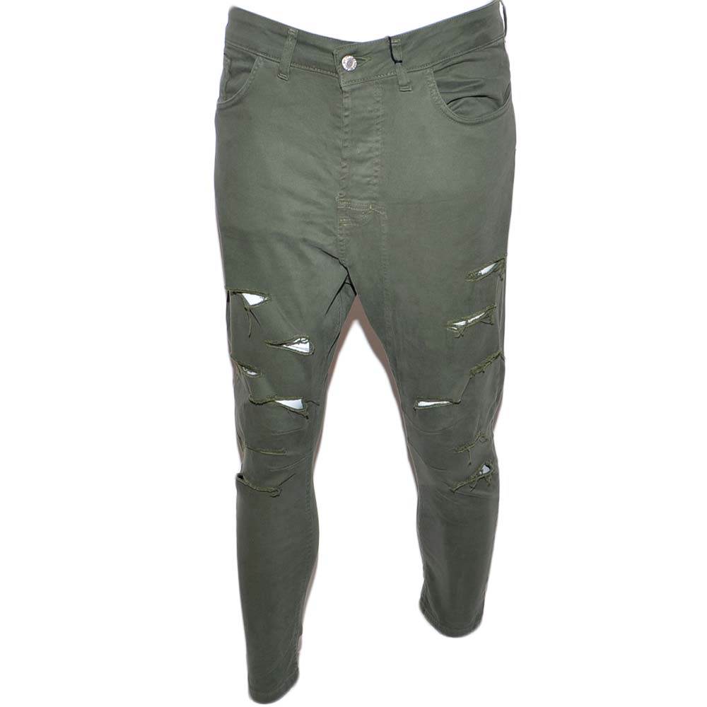 Pantaloni uomo verde militare chino con strappi slim fit in cotone tinta unita linea giovane elasticizzato.