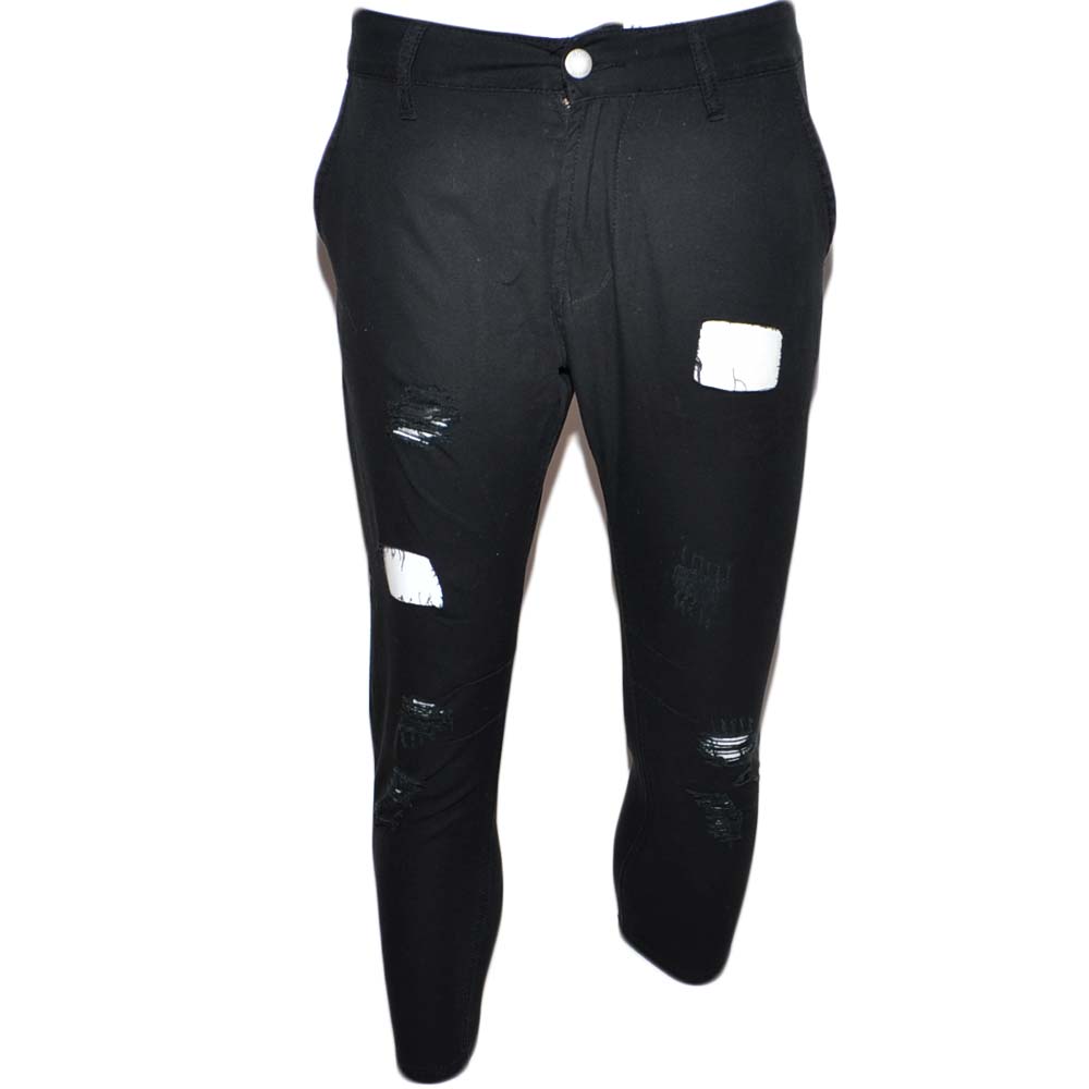 Pantaloni jogger neri uomo con bottone e tasche laterali con strappi e toppe cavallo basso moda giovane