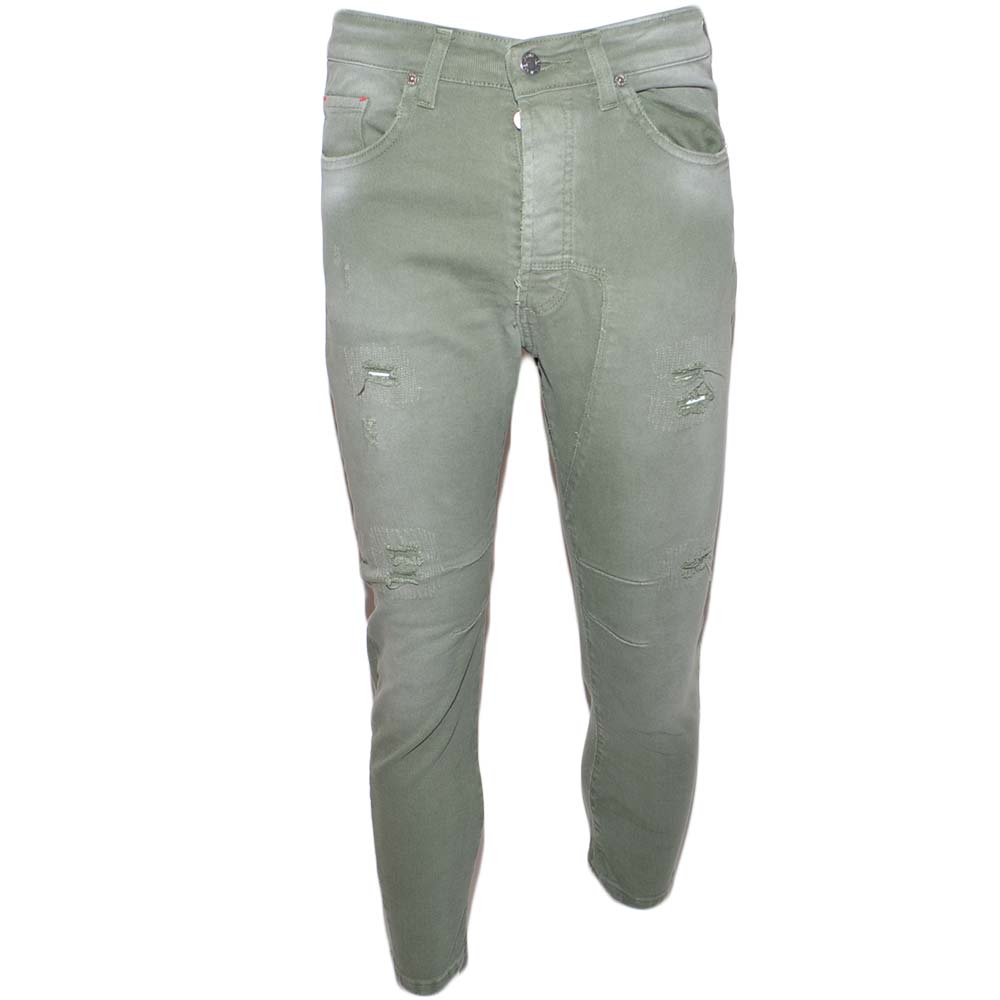 Jeans uomo verdi denim lavaggio graduale slim fit a cavallo basso 4 tasche con strappi elasticizzato tendenza