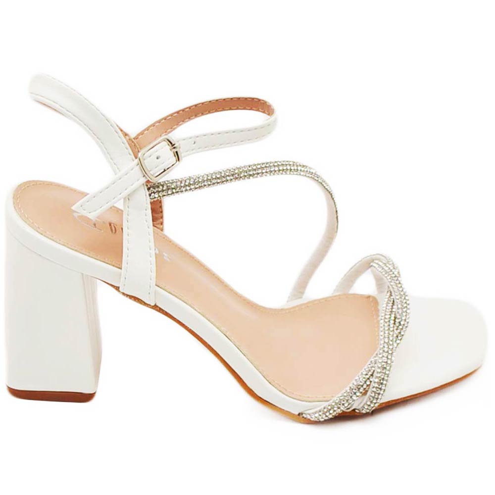 Sandalo donna ecopelle bianco gioiello argento sabot aperto dietro con chiusura caviglia tacco 7cm incrociato sul piede.