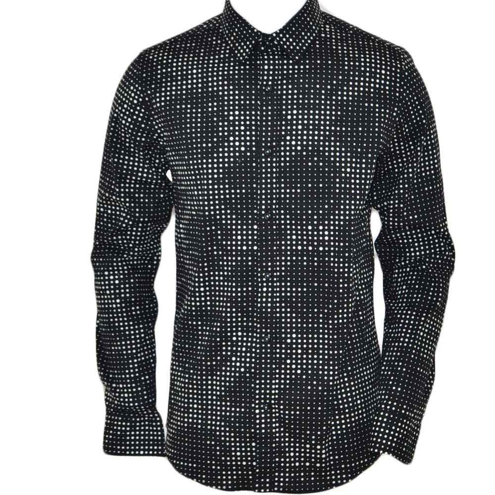 Camicia uomo cotone nero collo rigido manica lunga motivo astratto nero bianco basic 