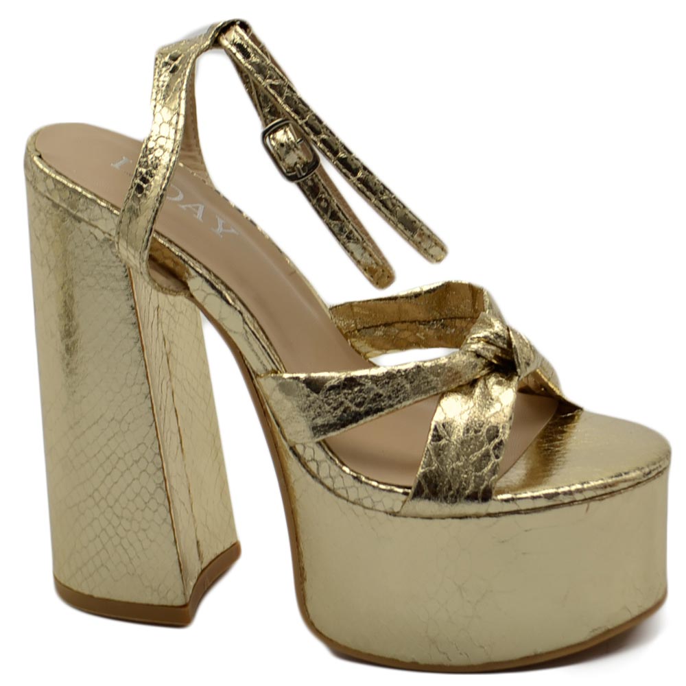 SANDALO DONNA FASCETTA INTRECCIATA IN PELLE ORO TACCO DOPPIO 15 CM PLATEAU 5 CM CINTURINO ALLA CAVIGLIA OPEN TOE MODA