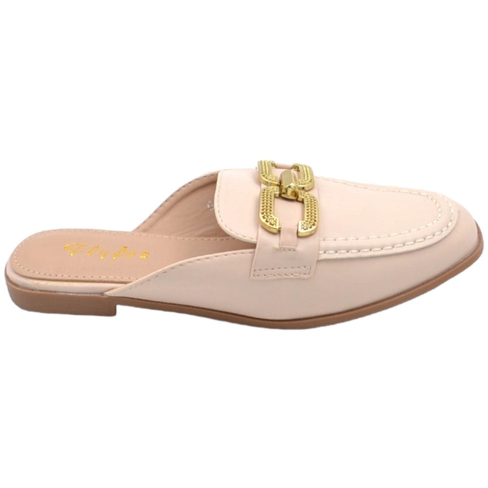 Mocassino donna mules beige con applicazione oro aperto dietro raso terra antiscivolo moda