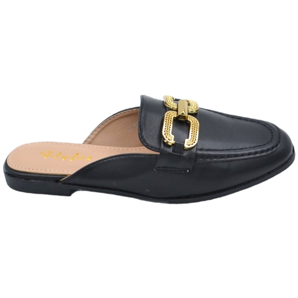 Mocassino donna mules nero con applicazione oro aperto dietro raso terra antiscivolo moda