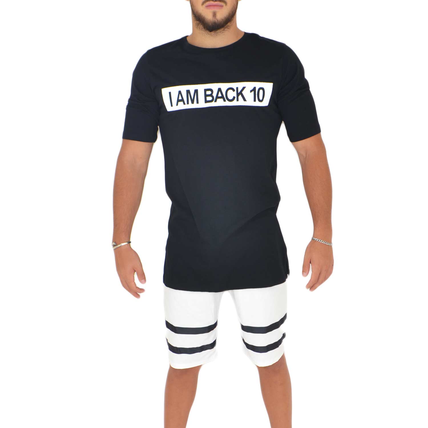 T- shirt basic uomo in cotone nero slim fit girocollo con cucitura a contrasto I'M BACK 10 made in italy.