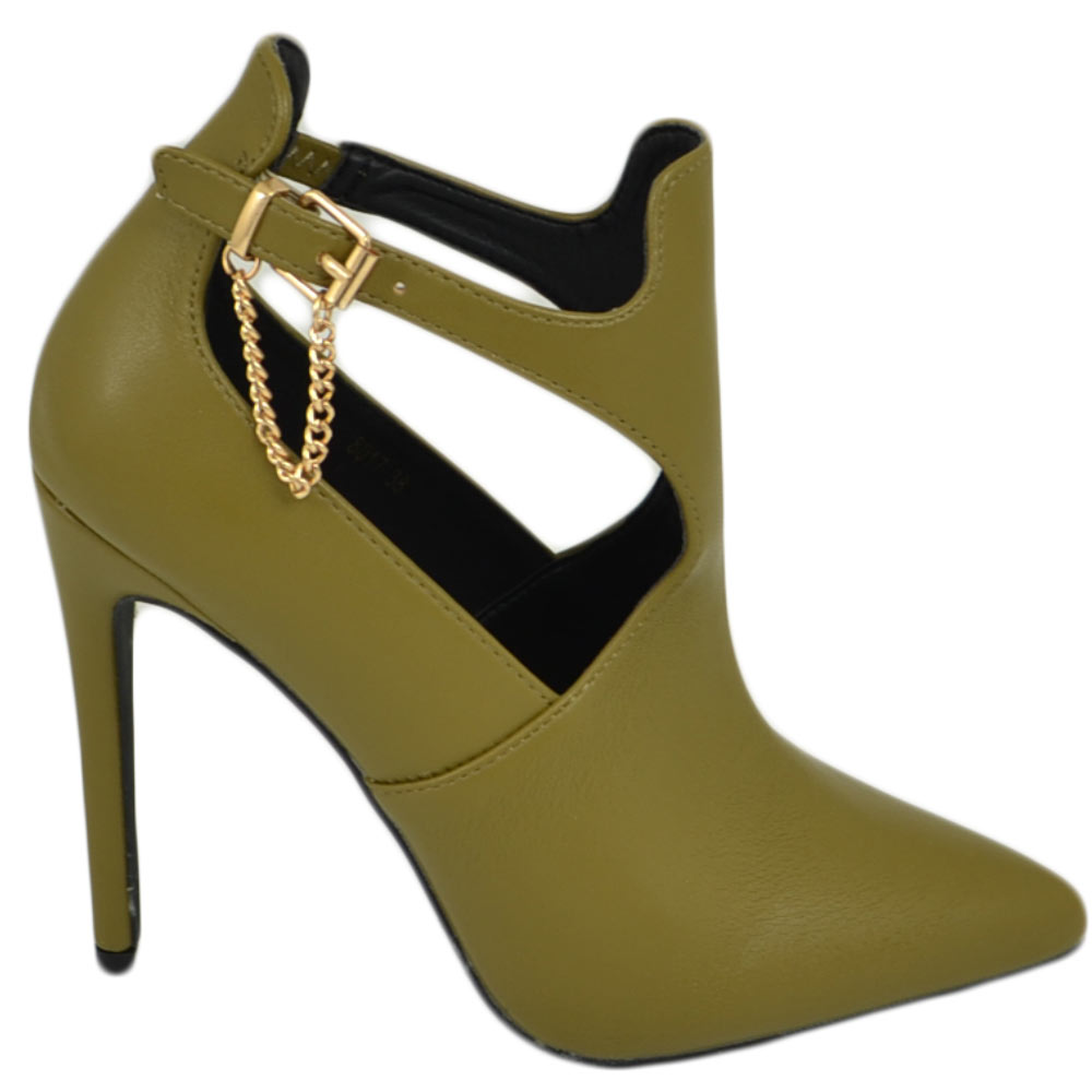 Scarpe donna tronchetto verde militare punta con il tacco a spillo e cinturino alla caviglia comodo sexy con catena moda