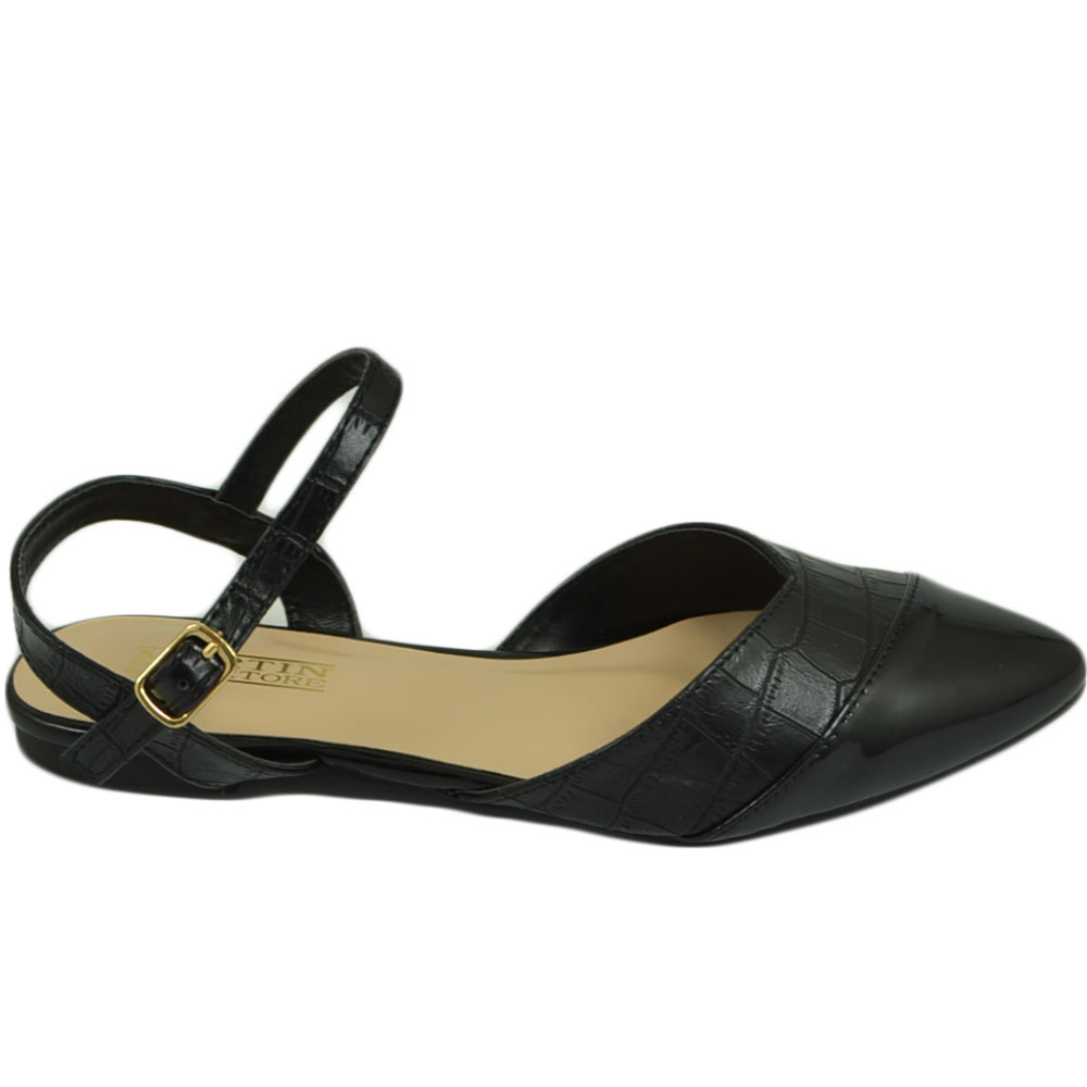 Scarpe ballerine donna nere a punta lucida slingback con cinturino raso terra moda comfort fondo antiscivolo