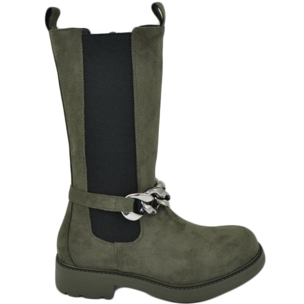 Stivali donna chelsea combat camoscio verde altezza meta' gambale con catena argento rimovibile elastico polpaccio zip