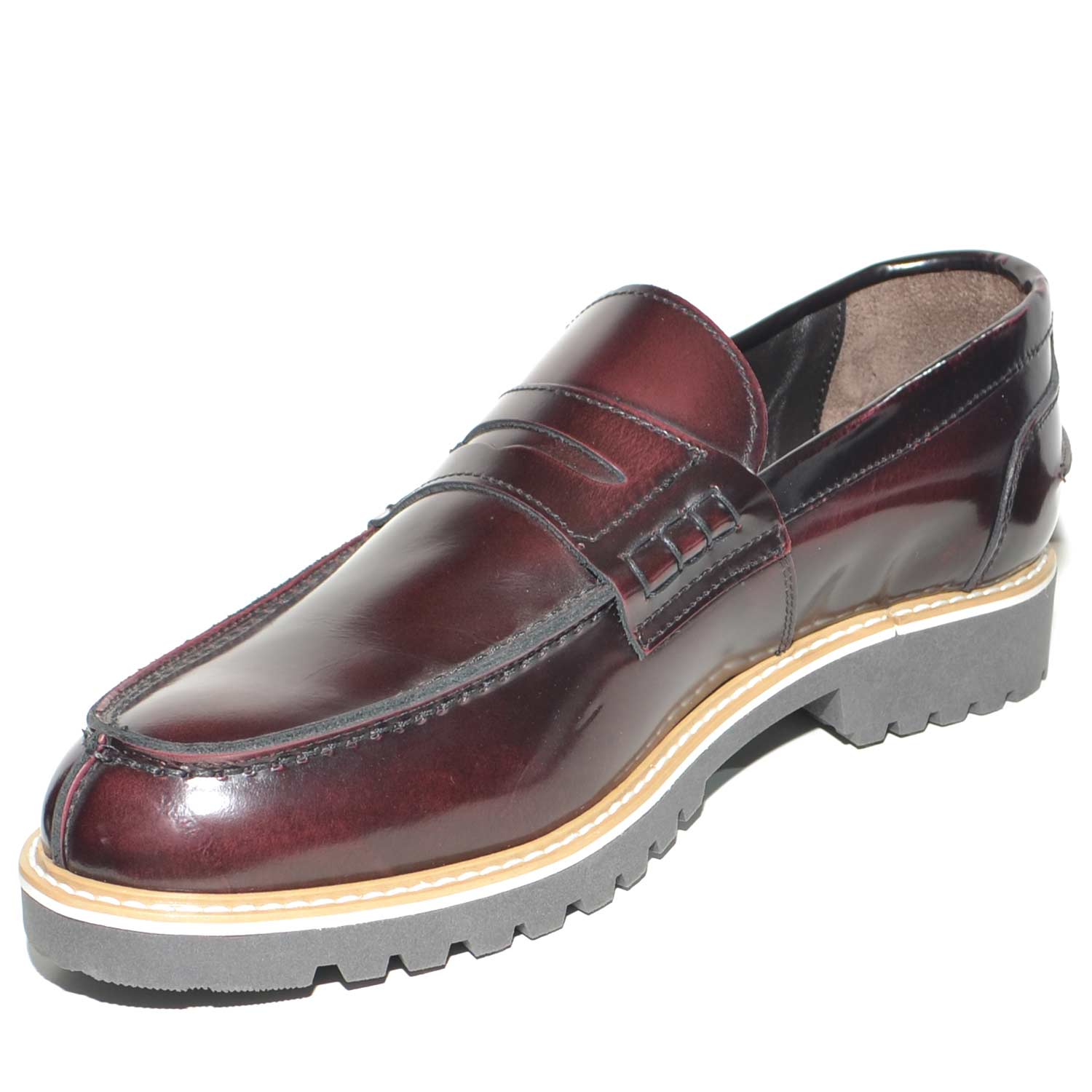 Scarpe uomo mocassino bordeaux inglese con bendina made in italy fondo classico sportivo con fondo a intersuola cuoio