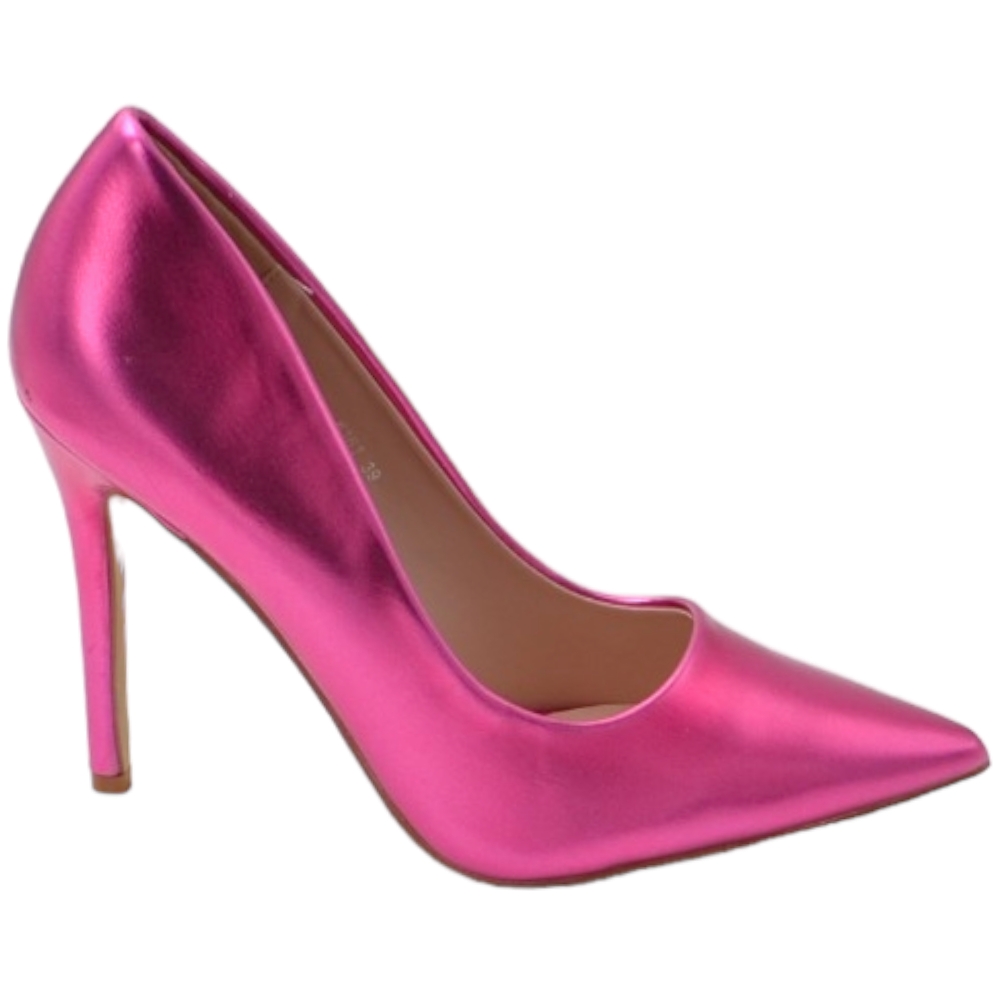 Decollete' donna a punta satinato fucsia rose tacco a spillo 12 cm linea basic elegante scarpe per cerimonie eventi.