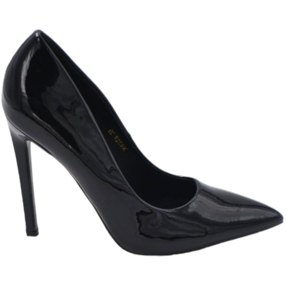 Decollete' donna a punta lucido nero tacco a spillo 12 cm linea basic elegante scarpe per cerimonie eventi.