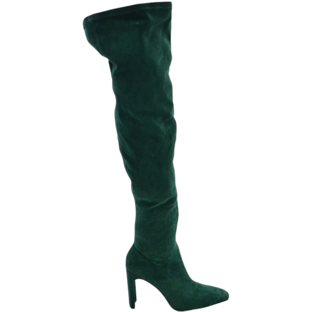 Stivale donna alto in camoscio verde sopra al ginocchio elastico effetto calzino zip aderente tacco largo punta quadrata