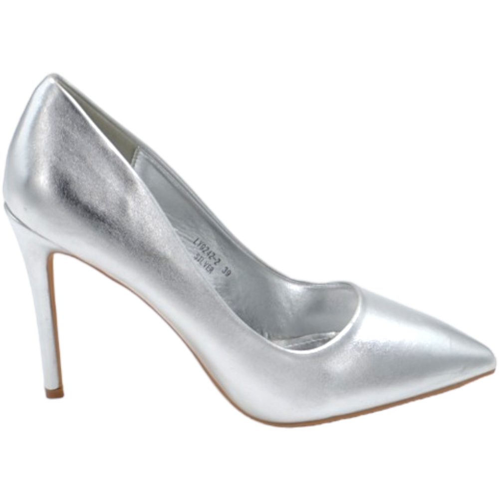 Decollete' donna a punta satinato argento tacco a spillo 12 cm linea basic elegante scarpe per cerimonie eventi.