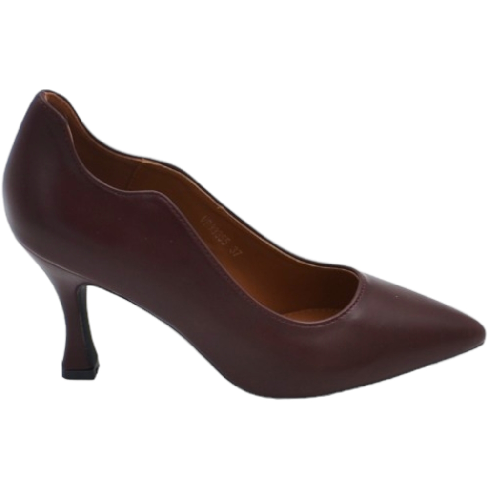 Decollete' scarpa donna a punta in pelle bordeaux opaca con tacco cono 7 cm e bordo asimmetrico comoda stabile .