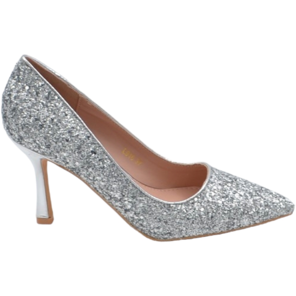 Decollete' donna a punta glitterato argento tacco martini 8 cm linea comoda elegante scarpe per cerimonie eventi