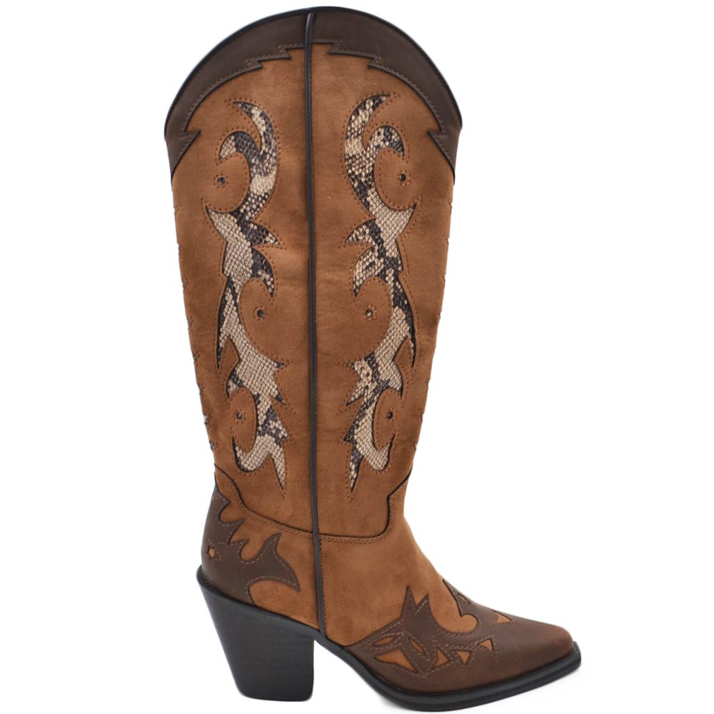 Stivali donna western vero camperos corina tre colori beige marrone animalier  altezza ginocchio tacco texano 10