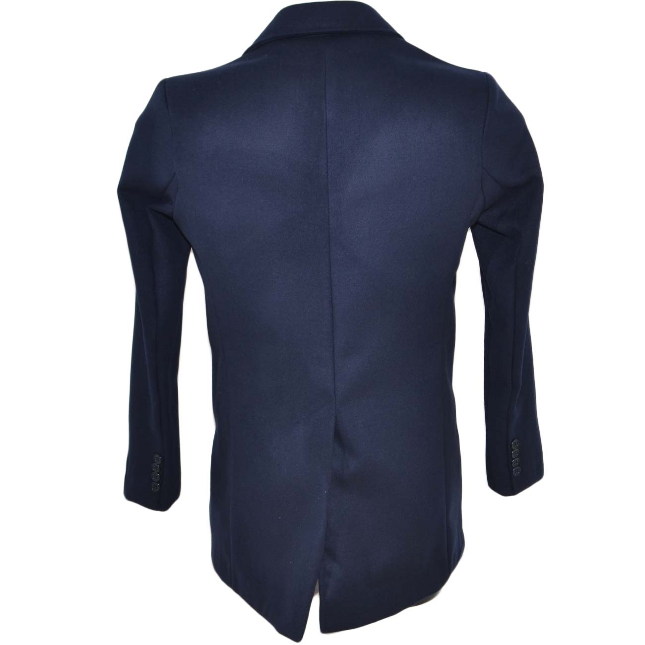 Cappotto giacca lunga uomo blu notte in calda lana sottile con  abbottonatura frontale bottoni in osso slim fit moda uomo uomo cappotti  made in italy