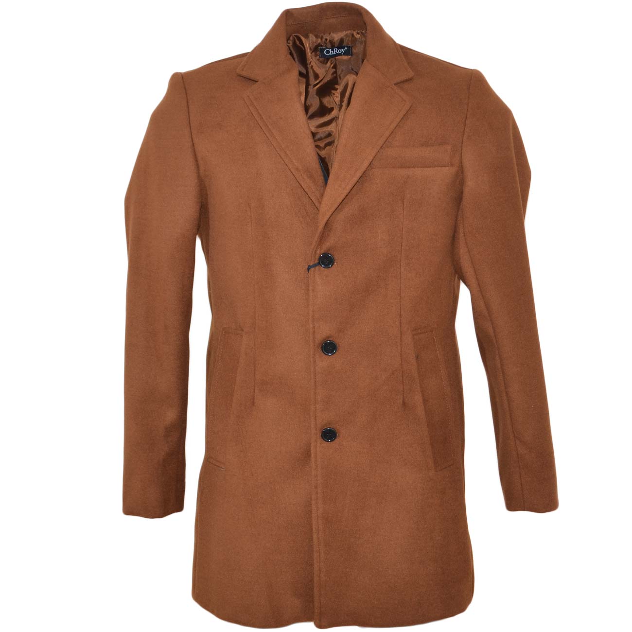 CAPPOTTO GIACCA LUNGA UOMO CAMEL IN CALDA LANA SOTTILE CON ABBOTTONATURA FRONTALE BOTTONI IN OSSO SLIM FIT MODA UOMO