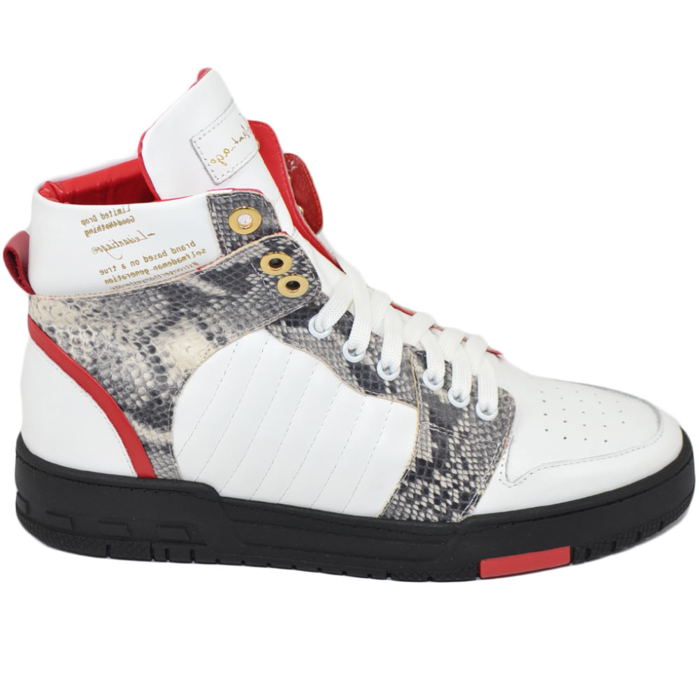 Sneakers alta uomo CRYPTO by LS LUISANTIAGO vera pelle nappa bianco e pitone rosso handmade in Italy streetwear.