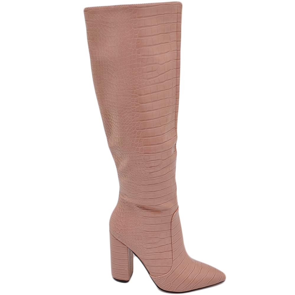 Stivali donna rosa a punta tacco doppio 10 cm lucido altezza ginocchio rigido stampa coccodrillo con zip moda.