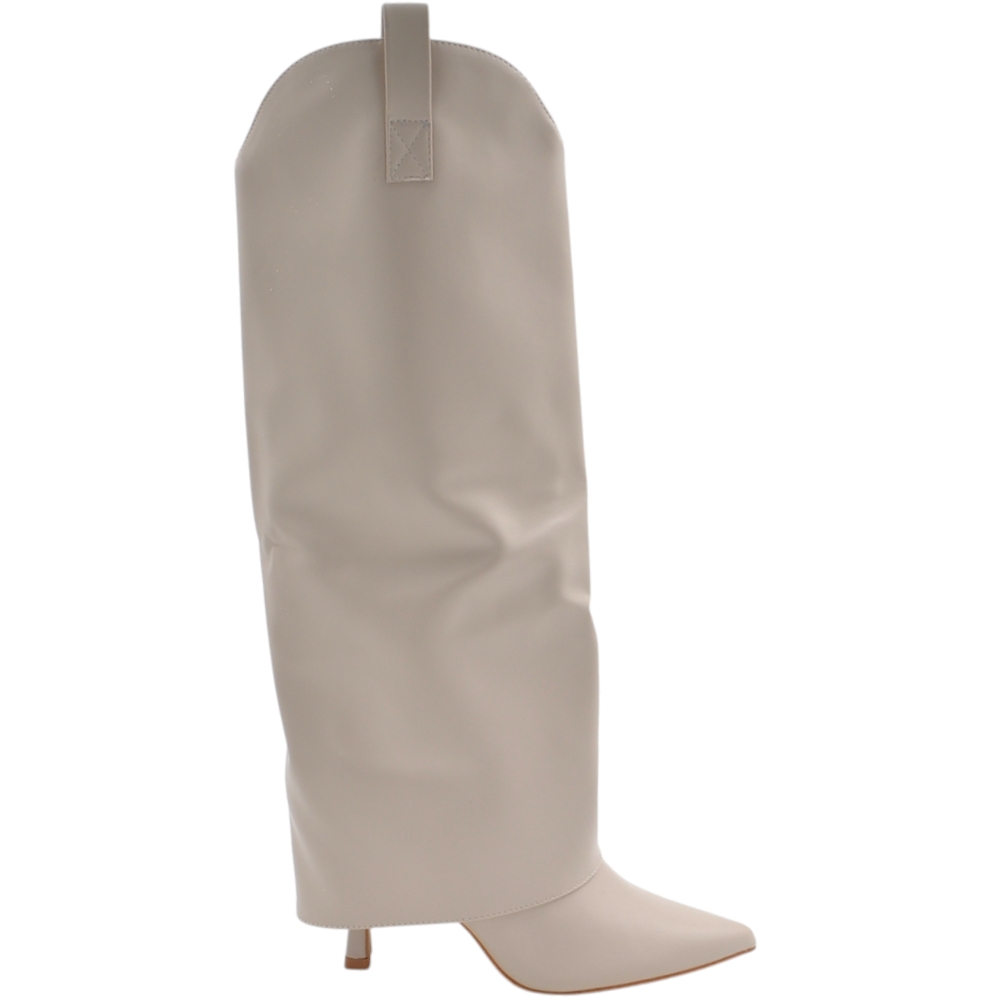 Stivali donna al ginocchio shark a punta in pelle beige con risvolto scollo a V tacco a spillo 10 zip interna nascosta 