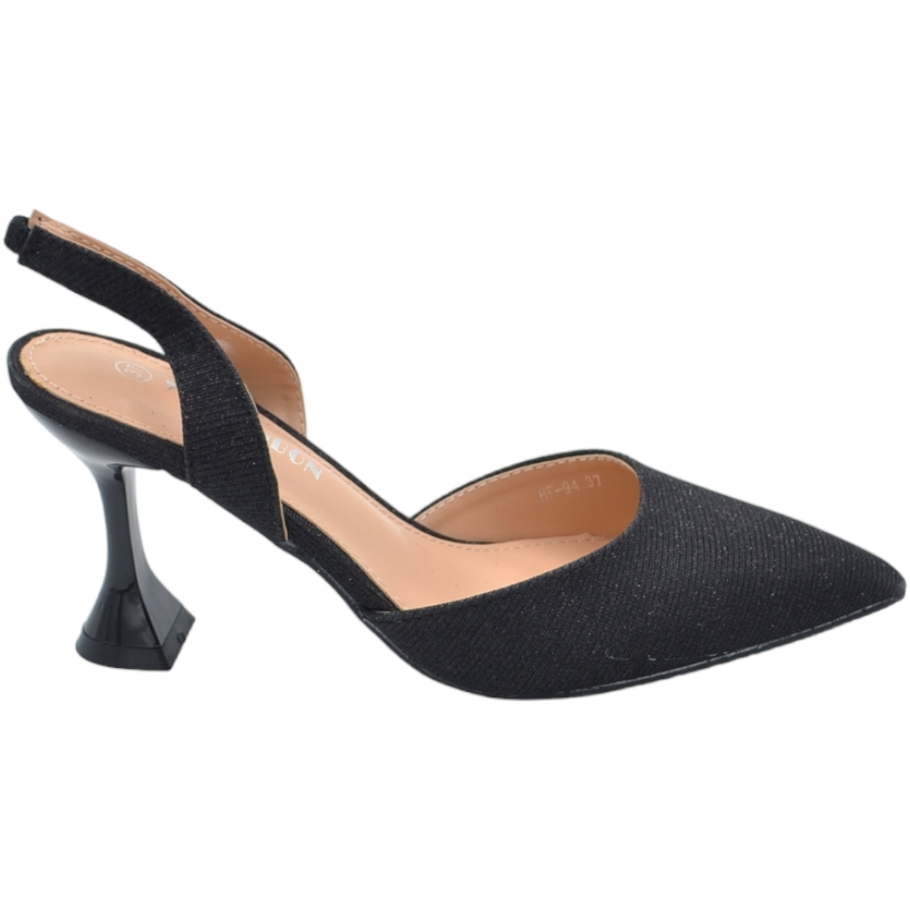Decollete scarpa donna slingback a punta in tessuto satinato nero tacco clessidra 9 cm cinturino tallone glamour moda.