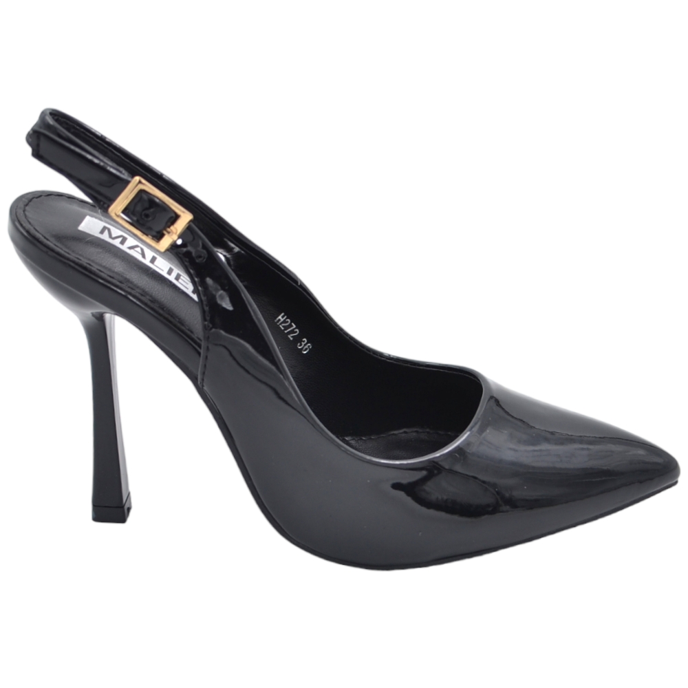 Scarpe decollete slingback donna elegante a punta in vernice lucida nero tacco 10 cm cinturino retro tallone regolabile.