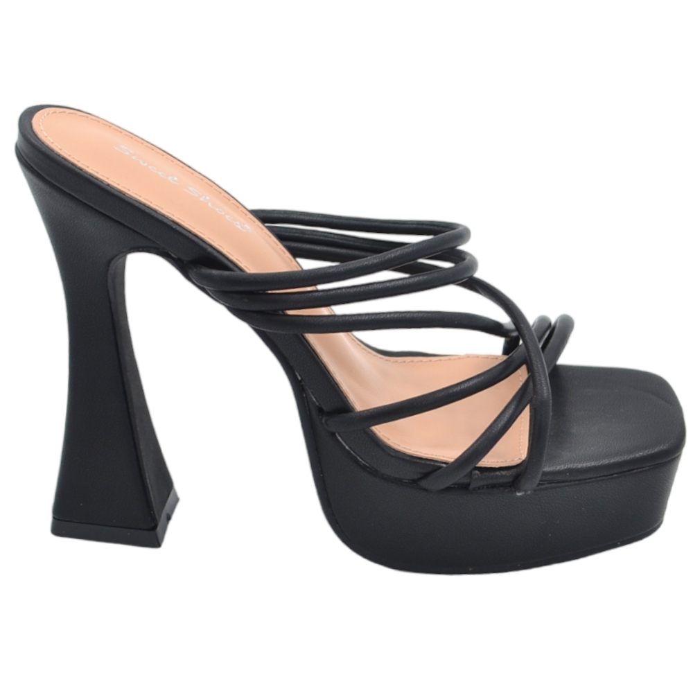 Sandalo tacco donna platform in pelle nero con plateau alto 3,5 cm e tacco clessidra 15 cm fascette incrocio avampiede.